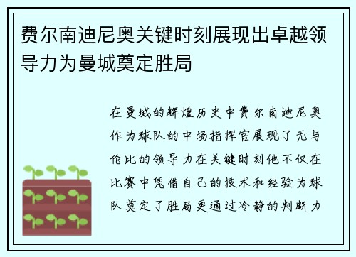 费尔南迪尼奥关键时刻展现出卓越领导力为曼城奠定胜局