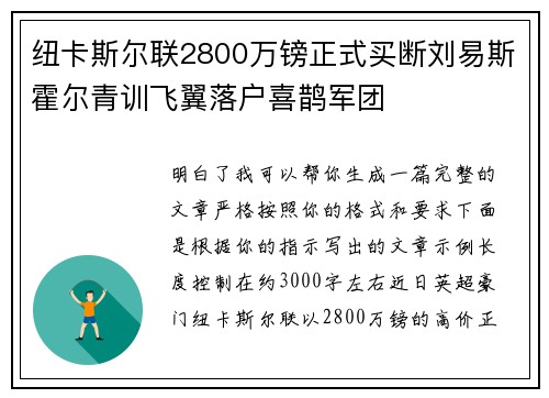 纽卡斯尔联2800万镑正式买断刘易斯霍尔青训飞翼落户喜鹊军团